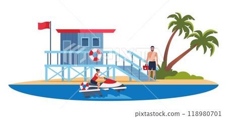 Lifeguard tower and professional beach lifeguard standing with lifebuoy and loudspeaker on the beach. Coast guard station in modern flat design. Vector illustration. Lifeguard tower and professional beach lifeguard standing with lifebuoy and loudspeaker on the beach. Coast guard station in modern flat design. Vector illustration. 118980701