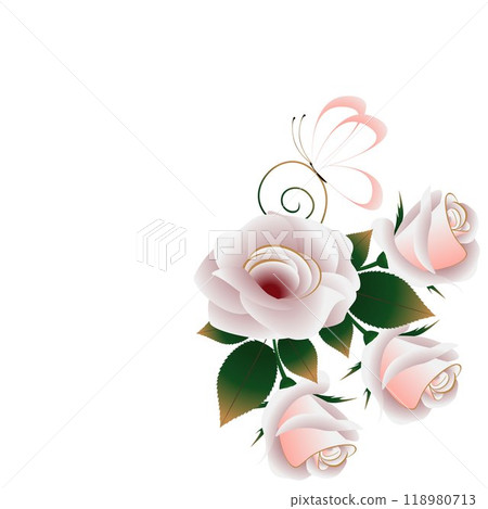 Floral background with tea roses, leaves and butterfly. Floral background with tea roses, leaves and butterfly. 118980713
