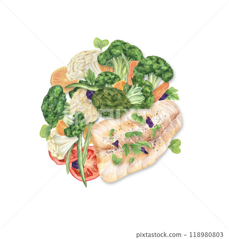 Steamed fish fillet and fresh vegetables, leafy greens dish watercolor illustration. Cod, broccoli, cauliflower, tomato, green beans and carrots composition for food design Steamed fish fillet and fresh vegetables, leafy greens dish watercolor illustration. Cod, broccoli, cauliflower, tomato, green beans and carrots composition for food design 118980803