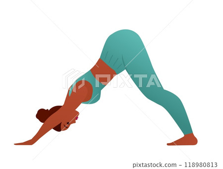 Downward Facing Dog Pose, Down Dog Pose, vector illustration of a Beautiful girl practice Adho mukha svanasana, Young attractive woman practicing yoga exercise. working out, black wearing sportswear 118980813