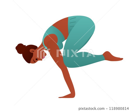 Crow Pose. Beautiful girl practice Kakasana. Vector illustration of a young attractive woman practicing yoga exercise. working out, black wearing sportswear, grey pants and top, indoor full length 118980814