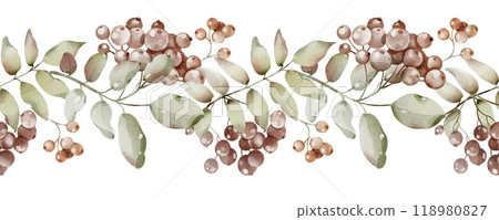 Berry Watercolor Seamless Border with branches rowanberry. Illustration of herbarium autumn Leaves for packaging tea, greeting cards or wedding invitations. Hand drawn herbal Botanical Pattern. Berry Watercolor Seamless Border with branches rowanberry. Illustration of herbarium autumn Leaves for packaging tea, greeting cards or wedding invitations. Hand drawn herbal Botanical Pattern. 118980827