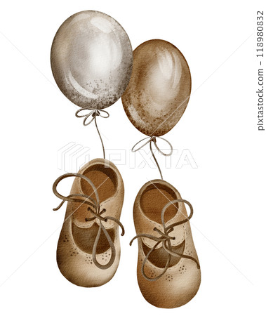Baby shoes watercolor illustration. Hand drawn kid slippers on isolated background. Booties in brown colors. Mutch for childrens. Footwear for newborn party design. Cute accessory for card. Baby shoes watercolor illustration. Hand drawn kid slippers on isolated background. Booties in brown colors. Mutch for childrens. Footwear for newborn party design. Cute accessory for card. 118980832
