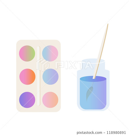Watercolor paints colorful palette box with brush in a glass with water. School or art class supplies. Kids drawing tools. Watercolor paints colorful palette box with brush in a glass with water. School or art class supplies. Kids drawing tools. 118980891
