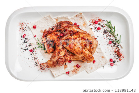 roasted tobacco chicken isolated on white background. top view clipping path included 118981148