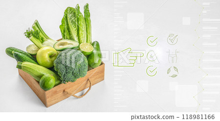 green vegetables in a box. virtual health care icons. Healthy food concept. Weight loss, diet for burning calories 118981166