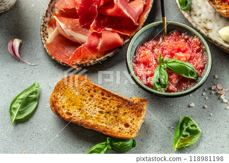 Italian appetizers bruschetta with basil and tomato for breakfast 118981198