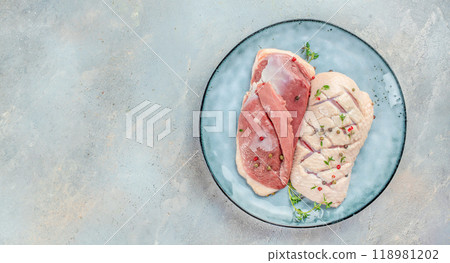 Raw duck breast fillet fresh meat on a light background. top view. copy space for text 118981202
