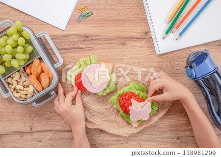 Kids school lunch box with funny sandwich. education, nutrition concept. Kids school lunch box with funny sandwich. education, nutrition concept. 118981209