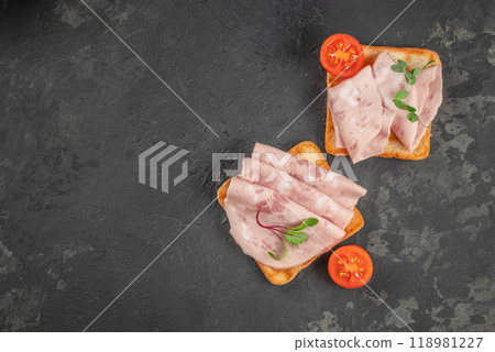 two open sandwiches ham meat pork sausage. fresh meal food. top view. copy space for text 118981227