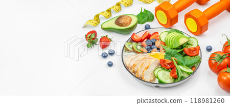Healthy salad bowl with berries, tomatoes, chicken, avocado, and mixed greens. Diet plan, menu or program lifestyle concept Healthy salad bowl with berries, tomatoes, chicken, avocado, and mixed greens. Diet plan, menu or program lifestyle concept 118981260