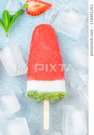ice cream with fruit popsicles in shape of watermelon. strawberry ice dessert 118981261