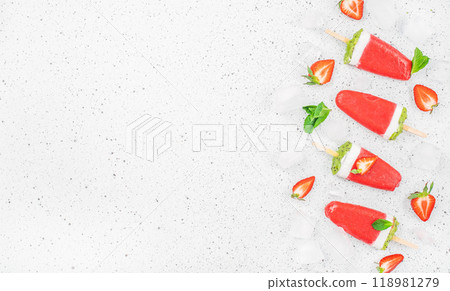 strawberry ice cream Watermelon on the white background. Vegan ice cream. Flat lay 118981279
