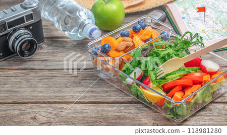 vacation nutrition, tourism, healthy snack. Travel, tourism, holidays, nature, food concept 118981280