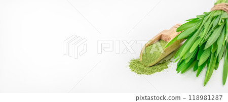 fresh wheat grass and green powder on a white background. Healthy food concept. copy space, top view 118981287