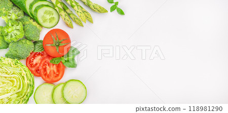 Organic green vegetables on a white background top view. copy space Organic green vegetables on a white background top view. copy space 118981290