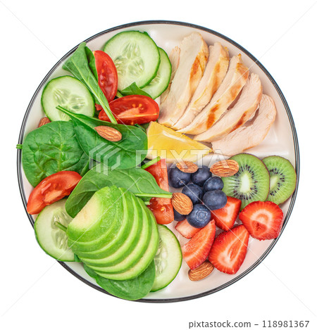 Plate of healthy food chicken fillet, avocado and salad. Complex of proteins, fats and carbohydrates isolated on white background. top view Plate of healthy food chicken fillet, avocado and salad. Complex of proteins, fats and carbohydrates isolated on white background. top view 118981367