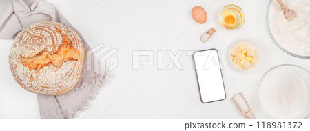 Baking Cooking Ingredients Flour mobile phone gadget smartphone fresh baked bread Baking Cooking Ingredients Flour mobile phone gadget smartphone fresh baked bread 118981372