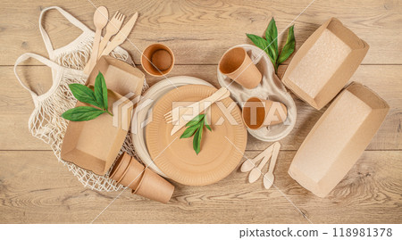 eco-friendly disposable tableware. using biodegradable materials. The concept of ecology and zero waste eco-friendly disposable tableware. using biodegradable materials. The concept of ecology and zero waste 118981378