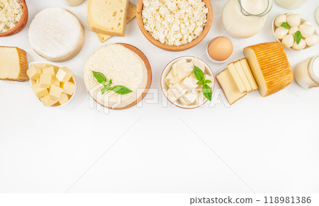 Farm dairy products milk, cheese, butter, yogurt or sour cream, cottage cheese. Eco food concept Farm dairy products milk, cheese, butter, yogurt or sour cream, cottage cheese. Eco food concept 118981386