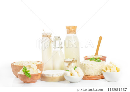 Set of various fresh dairy products milk, cottage cheese, cheese, eggs, yogurt, sour cream, butter on a white background Set of various fresh dairy products milk, cottage cheese, cheese, eggs, yogurt, sour cream, butter on a white background 118981387