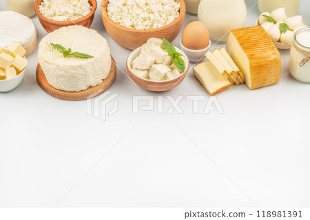 Different fresh dairy products Milk, yogurt, cottage cheese, cheese, butter on light table. The concept of eco food 118981391