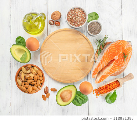 omega-3 Foods high in healthy fat, vitamin and antioxidants. healthy food concept omega-3 Foods high in healthy fat, vitamin and antioxidants. healthy food concept 118981393