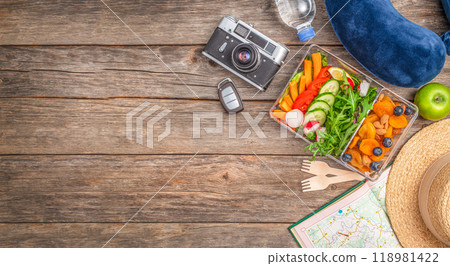 healthy snack of tourists, Eco food. Road trip, outdoor, trekking tourism concept healthy snack of tourists, Eco food. Road trip, outdoor, trekking tourism concept 118981422
