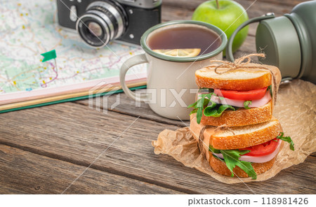 healthy snack of tourists, food for the trip, Eco food, camping, tourism and travel concept tourist equipment for traveling healthy snack of tourists, food for the trip, Eco food, camping, tourism and travel concept tourist equipment for traveling 118981426
