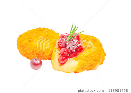 Fried camembert or brie cheese with cranberry jam isolated on white background 118981458