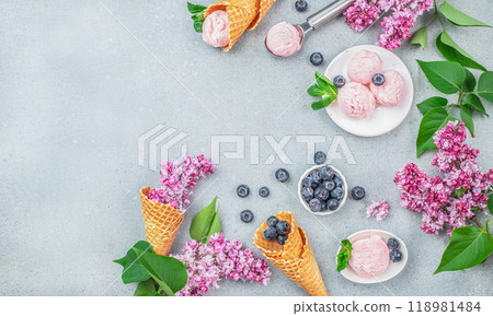 Scoop of purple ice cream and fresh blueberries. Ice cream cone with flowers from yogurt and organic blueberries. copy space. top view 118981484