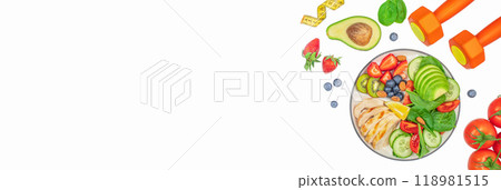healthy food menu. Diet concept and weight loss. Sport exercise equipment workout. Long banner format. top view healthy food menu. Diet concept and weight loss. Sport exercise equipment workout. Long banner format. top view 118981515