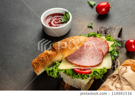 Fresh salami, tomato, lettuce and cheese sandwich. Delicious breakfast or snack. top view. copy space 118981516