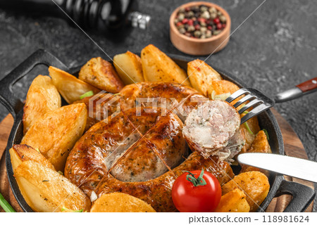 baked sausage with potatoes, Food recipe background. Close up baked sausage with potatoes, Food recipe background. Close up 118981624