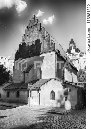 The Old New Synagogue standing tall in Prague's jewish quarter The Old New Synagogue standing tall in Prague's jewish quarter 118981810