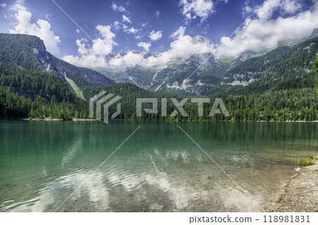 Crystal clear water of Lake Tovel, Trentino Alto Adige, Italy 118981831