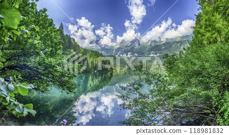 Crystal clear water of Lake Tovel, Trentino Alto Adige, Italy 118981832