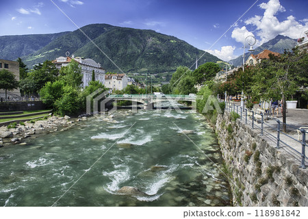 Passirio River flowing through Merano city center, South Tyrol, Italy 118981842