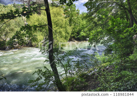 Passirio River flowing through Merano city center, South Tyrol, Italy 118981844