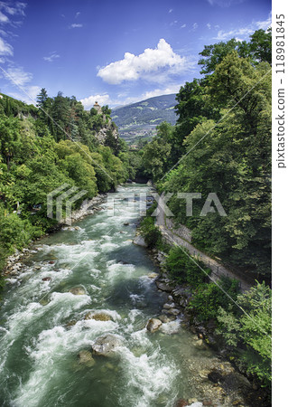 Passirio River flowing through Merano city center, South Tyrol, Italy 118981845
