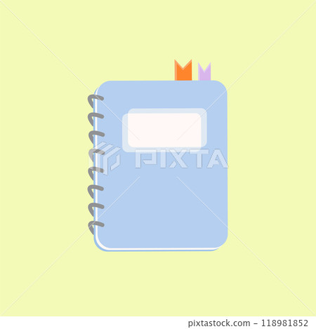 School or work spiral notebook. Blue personal organizer isolated on yellow background. School or work spiral notebook. Blue personal organizer isolated on yellow background. 118981852