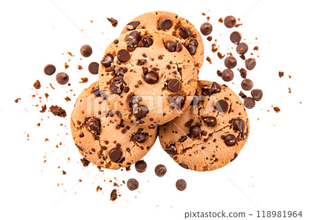 Pile of chocolate chip cookies isolated on a transparent background. Crunchy cookies, concept of sweets, baking, and snacks. 118981964