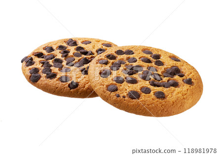 Two chocolate chip cookies isolated. Chocolate chip cookies  isolated on white background. 118981978