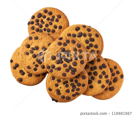 Heap of cookies with chocolate chips isolated on white background, top view. Heap of cookies with chocolate chips isolated on white background, top view. 118981987
