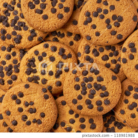 Chocolate chip cookies background, chocolate chip cookies round shape taken from above, close up. Chocolate chip cookies background, chocolate chip cookies round shape taken from above, close up. 118981988