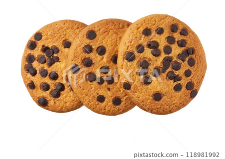 Chocolate chip cookies isolated. Round chocolate chip cookies isolated on white background, top view. Chocolate chip cookies isolated. Round chocolate chip cookies isolated on white background, top view. 118981992