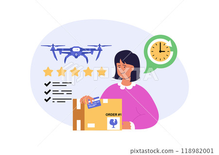Delivery concept in modern flat design for web. Woman receiving parcel box with aerial shipping by drone, commercial distribution with express shipment by flying courier robot. Vector illustration. Delivery concept in modern flat design for web. Woman receiving parcel box with aerial shipping by drone, commercial distribution with express shipment by flying courier robot. Vector illustration. 118982001