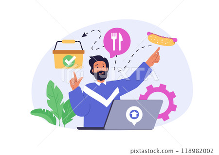 Delivery concept in modern flat design for web. Man ordering products in internet shop, collecting online basket and paying, using express shipping parcel to client address. Vector illustration. Delivery concept in modern flat design for web. Man ordering products in internet shop, collecting online basket and paying, using express shipping parcel to client address. Vector illustration. 118982002