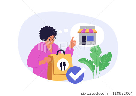 Delivery concept in modern flat design for web. Woman ordering online food or grocery products in shop, using courier fast shipping and receiving bag at client home location. Vector illustration. Delivery concept in modern flat design for web. Woman ordering online food or grocery products in shop, using courier fast shipping and receiving bag at client home location. Vector illustration. 118982004