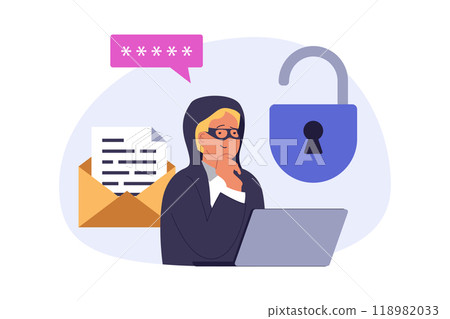Cyber security concept in modern flat design for web. Hacker trying unlocking password and getting access to private information, making virus attacks to servers or accounts. Vector illustration. 118982033
